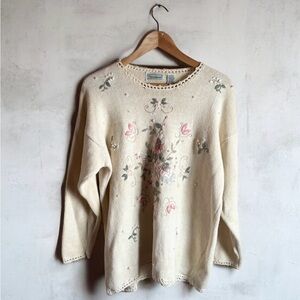 Vintage Shenanigans Cream Ramie Cotton Floral Embroidered Sweater